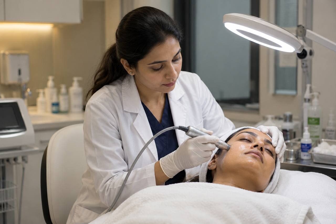 A dermatologist using a handheld skin device on a woman's face under a magnifier lamp