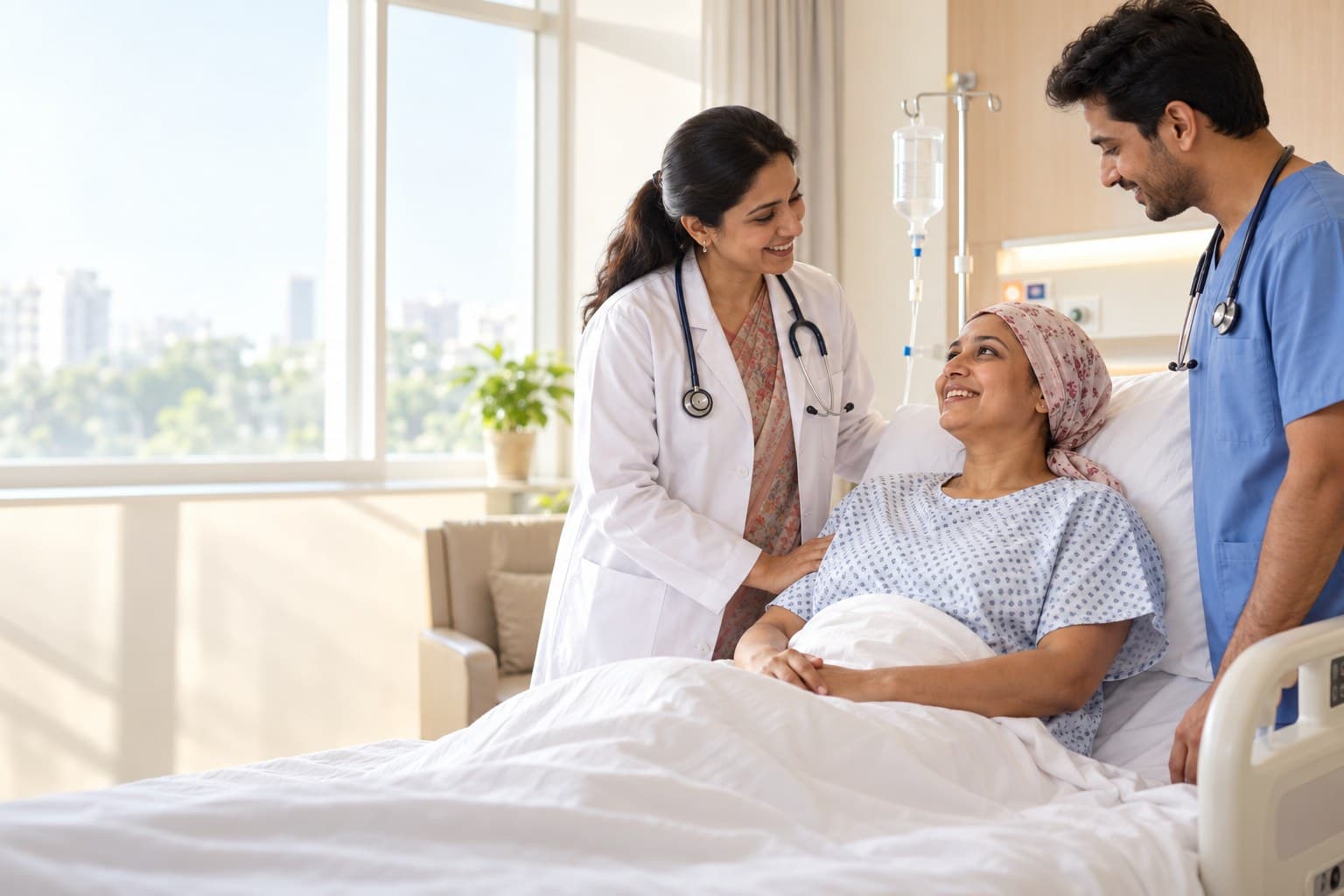Two doctors smiling with a patient in a headscarf as she rests in a hospital bed