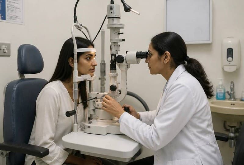 An eye doctor examining a patient at a slit lamp
