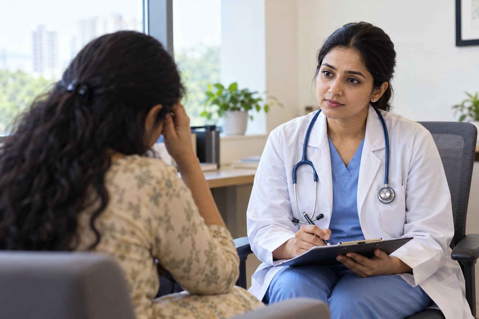 A psychiatrist with a clipboard listening to a worried patient